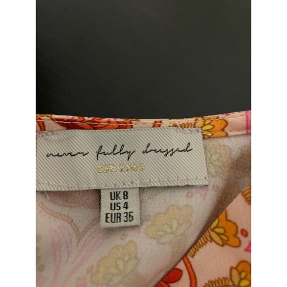 Never Fully Dressed Dress Womens US 4 Pink Orange Puff Sleeve Button Floral Mini - Picture 3 of 7